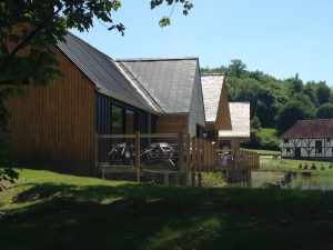 photo shows completed cedar shake roofs and standing seam zinc roofs by the lake at the open air museum in Chichester